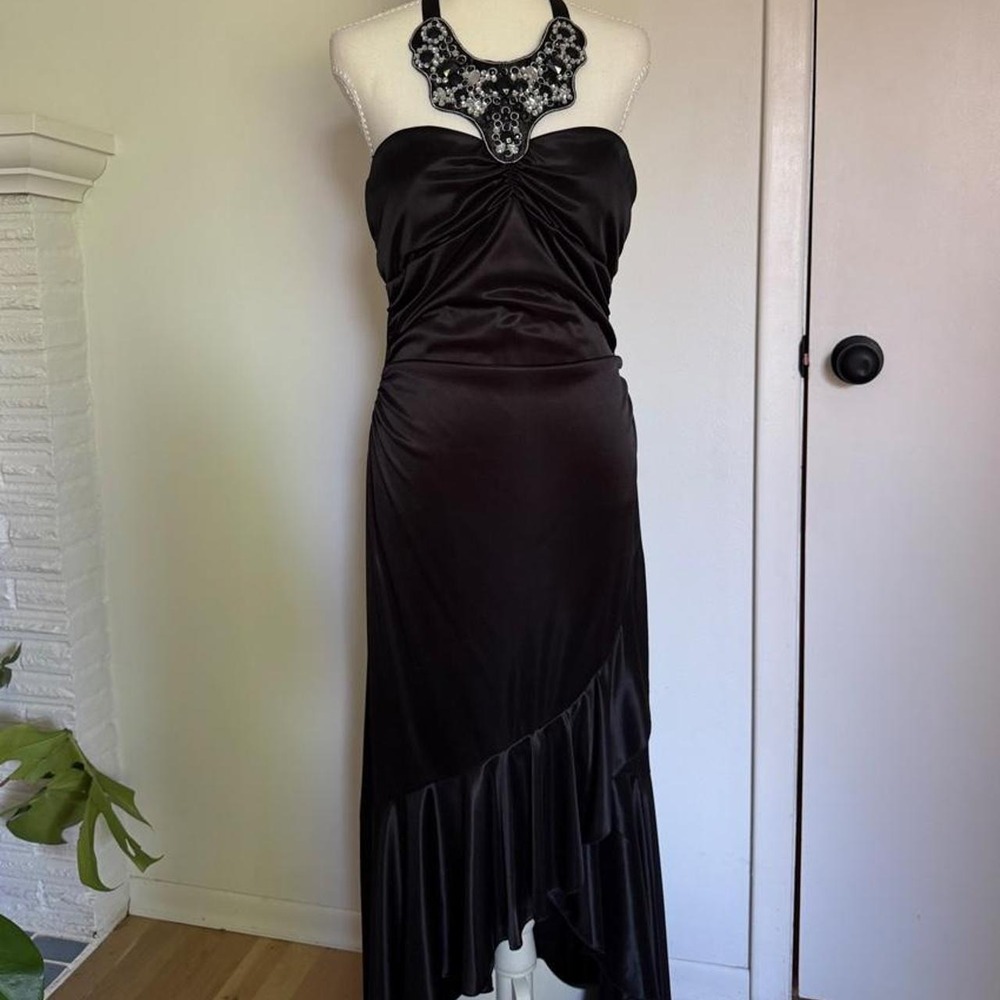 Black Vintage Y2K Satin Halter Dress with Beaded Neck